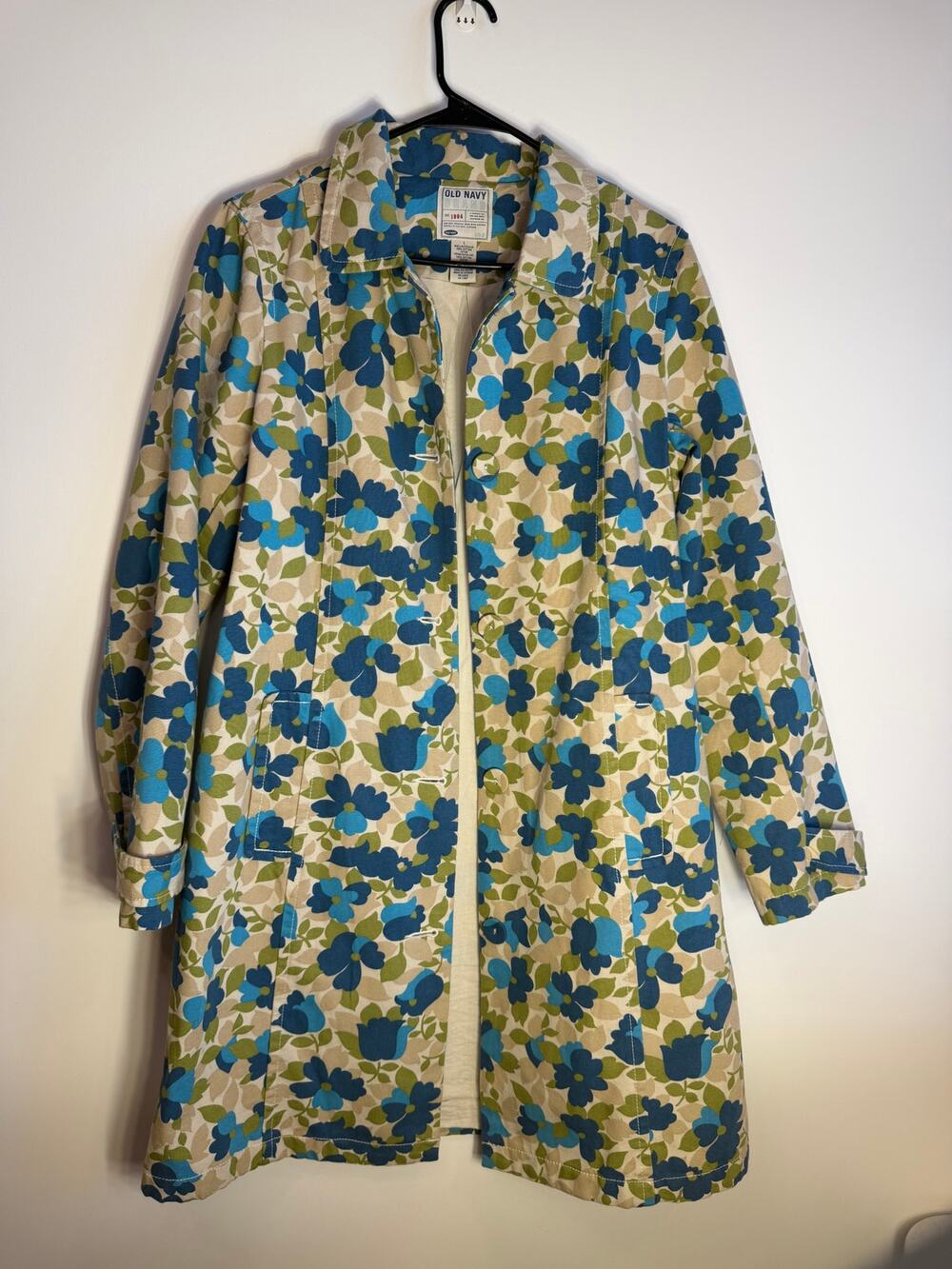 Old Navy Women's Small Floral Trench Coat Blue Green 36" Long